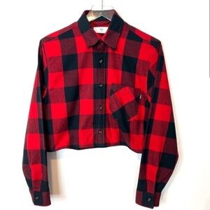 Buffalo Plaid Red Black Button Down Long Sleeve Women’s Crop Jacket Shirt XS